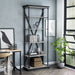 Right angled industrial antique white and black five-shelf bookcase in a sitting area with accessories