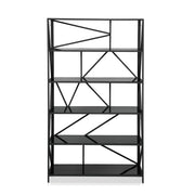 Front-facing modern geometric five-shelf etagere bookcase in black on a white background