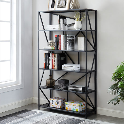 Left-angled modern geometric five-shelf etagere bookcase in black in a contemporary living space