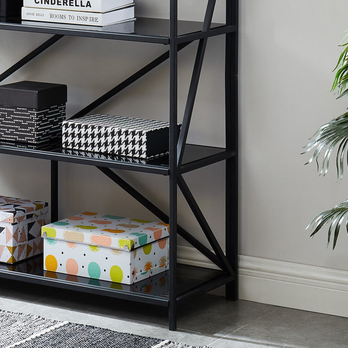 Left-angled close up modern geometric five-shelf etagere bookcase in black lower left corner detail in a contemporary living space with accessories