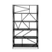 Front-facing modern geometric five-shelf etagere bookcase in black on a white background