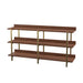 Left angled contemporary three-shelf light walnut and gold bookcase on a white background