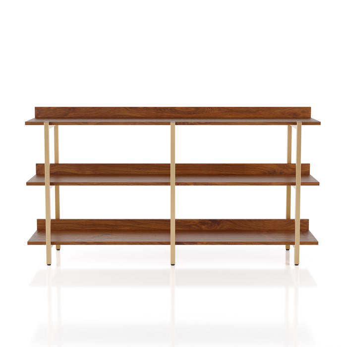 Front facing contemporary three-shelf light walnut and gold bookcase on a white background