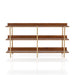Front facing contemporary three-shelf light walnut and gold bookcase on a white background