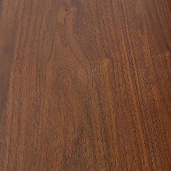 Swatch of light walnut wood finish of a contemporary three-shelf light walnut and gold bookcase