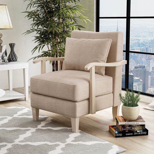 Angela Upholstered Pillow Back Wood Arm & Tapered Leg Accent Chair