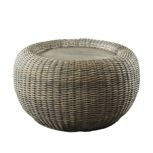 Front-facing coastal woven rattan look round accent table on a white background