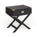 Right angled contemporary black solid wood one-drawer end table with gold accents on a white background