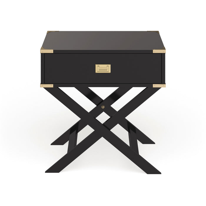 Front-facing contemporary black solid wood one-drawer end table with gold accents on a white background