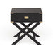 Front-facing contemporary black solid wood one-drawer end table with gold accents on a white background