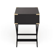 Front-facing side view contemporary black solid wood one-drawer end table with gold accents on a white background