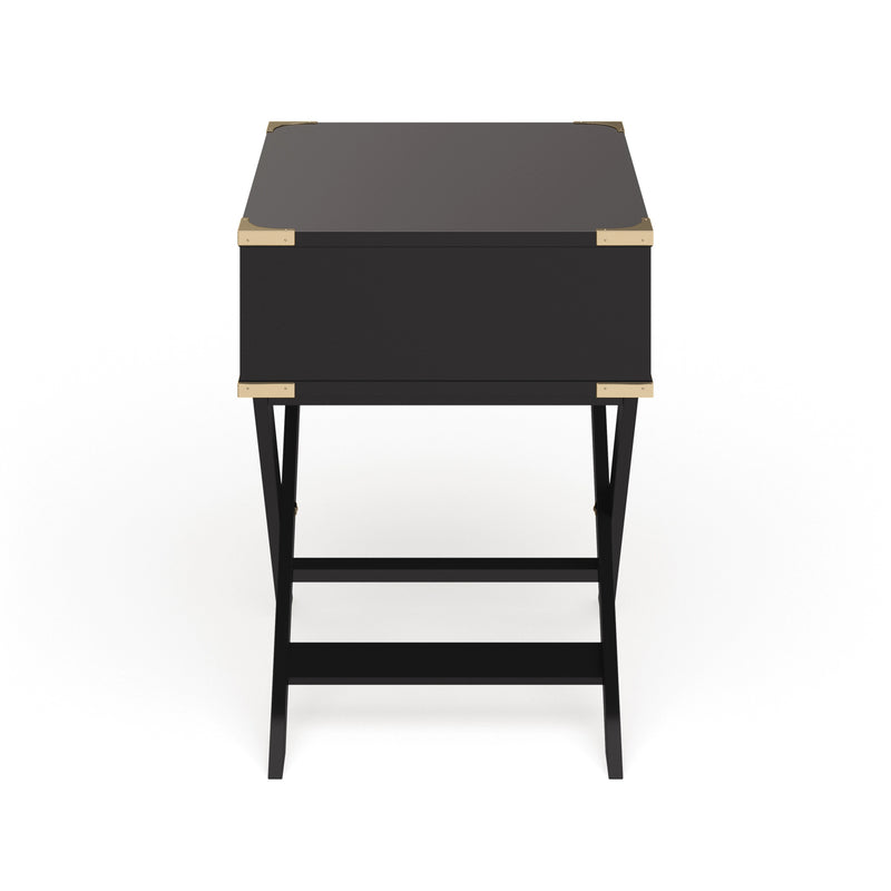 Front-facing side view contemporary black solid wood one-drawer end table with gold accents on a white background