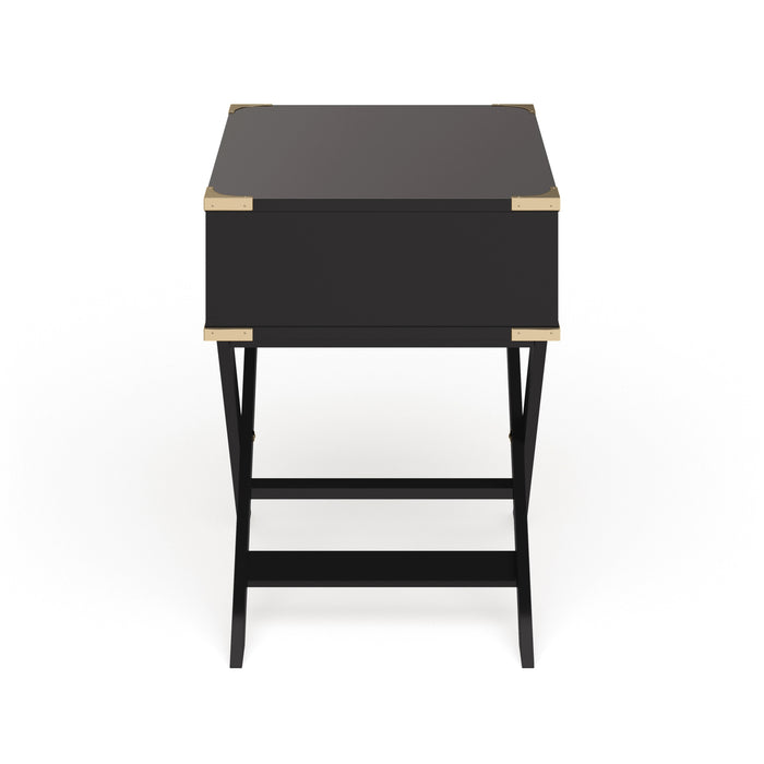 Front-facing side view contemporary black solid wood one-drawer end table with gold accents on a white background