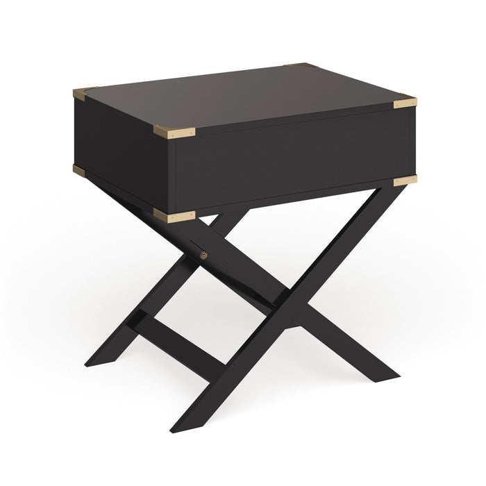 Right angled back view contemporary black solid wood one-drawer end table with gold accents on a white background