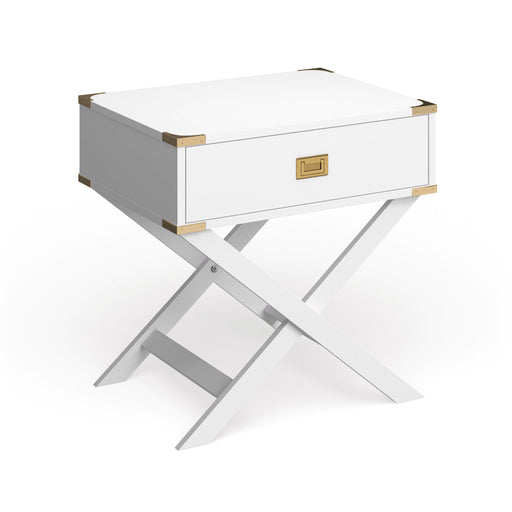 Right angled contemporary white solid wood one-drawer end table with metallic accents on a white background