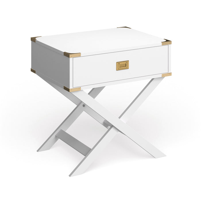 Right angled contemporary white solid wood one-drawer end table with metallic accents on a white background