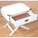 Right angled contemporary white solid wood one-drawer end table with metallic accents and drawer open on a wood floor