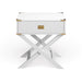Front-facing contemporary white solid wood one-drawer end table with metallic accents on a white background