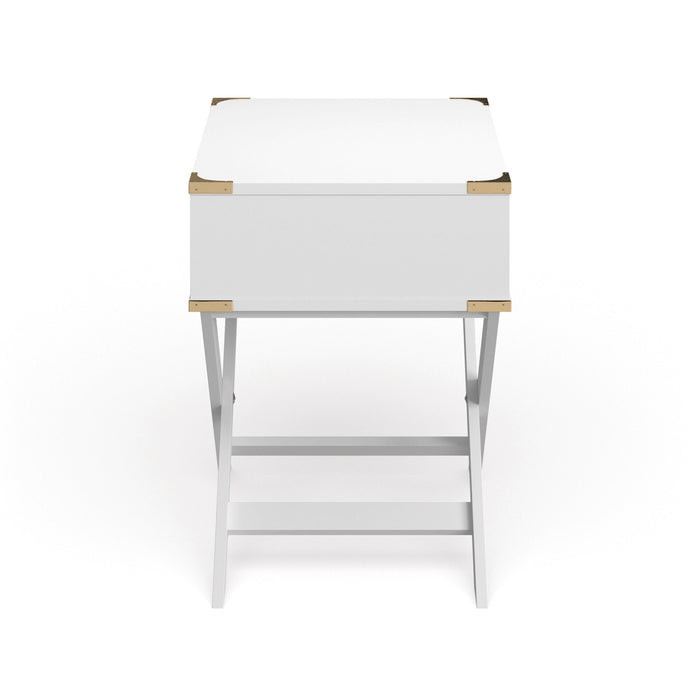 Front-facing side view contemporary white solid wood one-drawer end table with metallic accents on a white background
