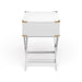 Front-facing side view contemporary white solid wood one-drawer end table with metallic accents on a white background