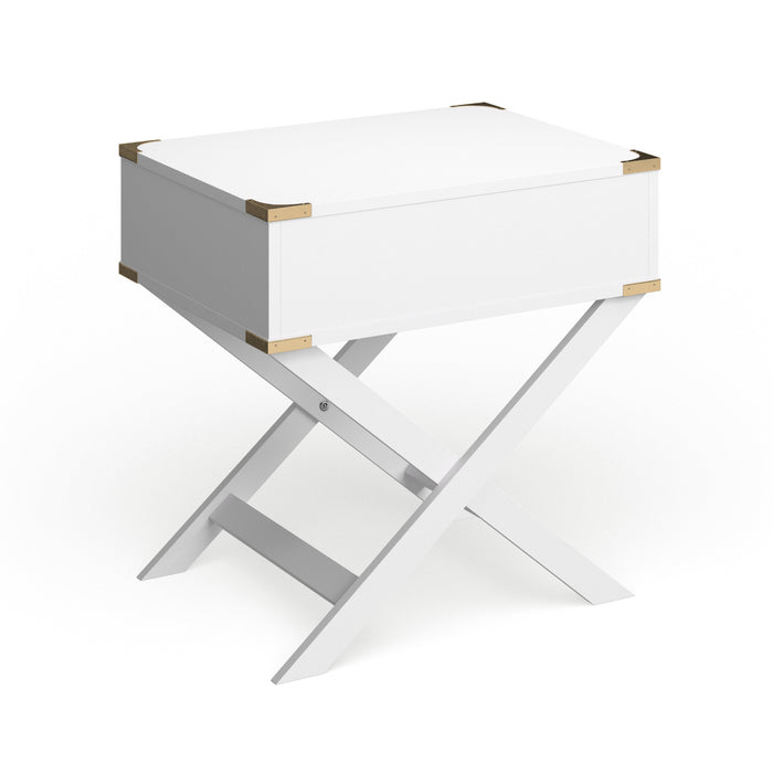 Right angled back view contemporary white solid wood one-drawer end table with metallic accents on a white background