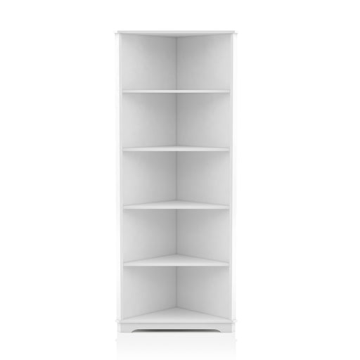 Front-facing contemporary white solid wood five-shelf corner bookcase on a white background