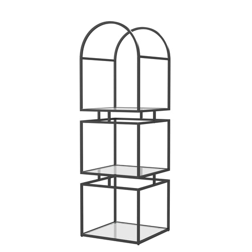 Right angled contemporary matte black steel and tempered glass bookcase on white background