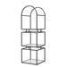Right angled contemporary matte black steel and tempered glass bookcase on white background