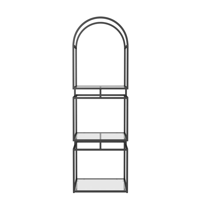 Front-facing view of contemporary matte black steel and tempered glass bookcase on white background