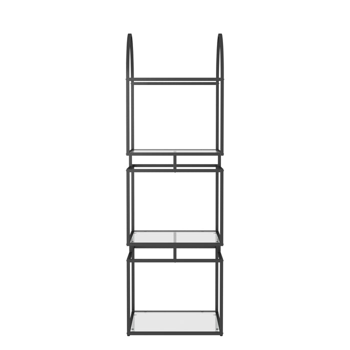 Front-facing view of contemporary matte black steel and tempered glass bookcase on white background