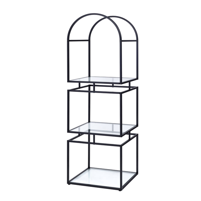 Left angled contemporary matte black steel and tempered glass bookcase on white background