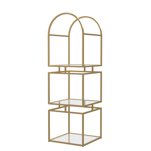 Left angled contemporary gold finish steel and tempered glass bookcase on white background