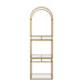 Front-facing view of contemporary gold finish steel and tempered glass bookcase on white background