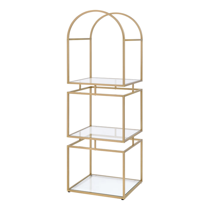 Left angled contemporary gold finish steel and tempered glass bookcase on white background