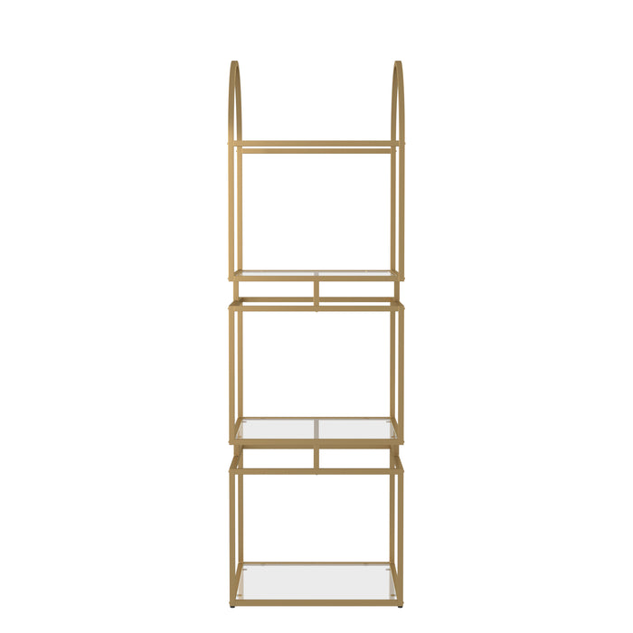 Front-facing view of contemporary gold finish steel and tempered glass bookcase on white background
