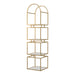 Left-facing modern gold arched bookcase on white background. Four open glass shelves with an open steel frame.