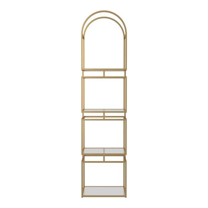 Front-facing modern gold arched bookcase on white background. Four open glass shelves with an open steel frame.