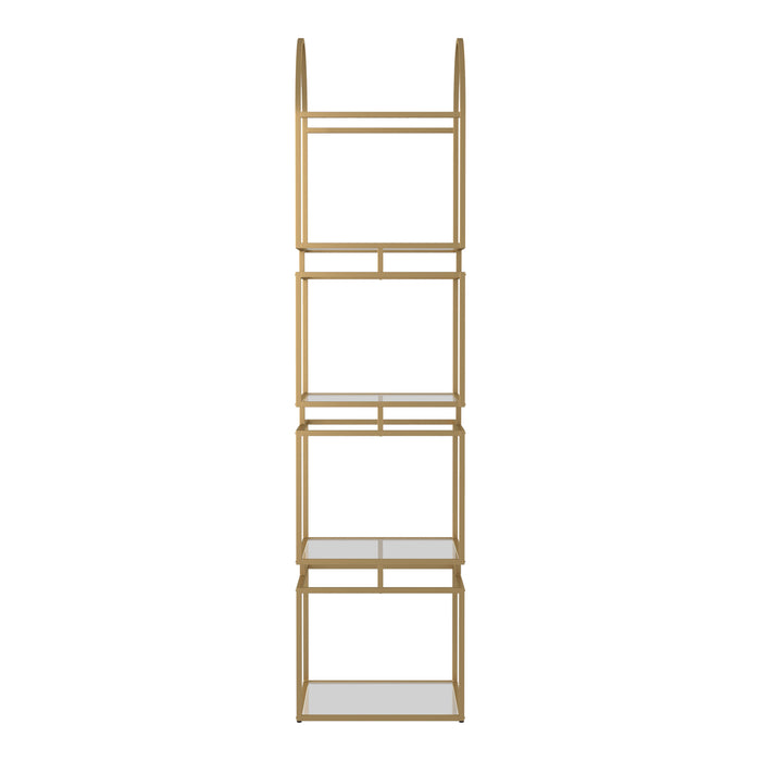 Side-facing modern gold arched bookcase on white background. Four open glass shelves with a slim steel frame.