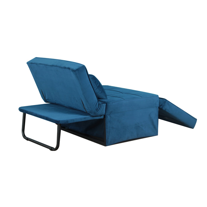 Angled right side-facing view of navy flannelette, MDF, and steel configurable chaise lounge with ottoman on white background