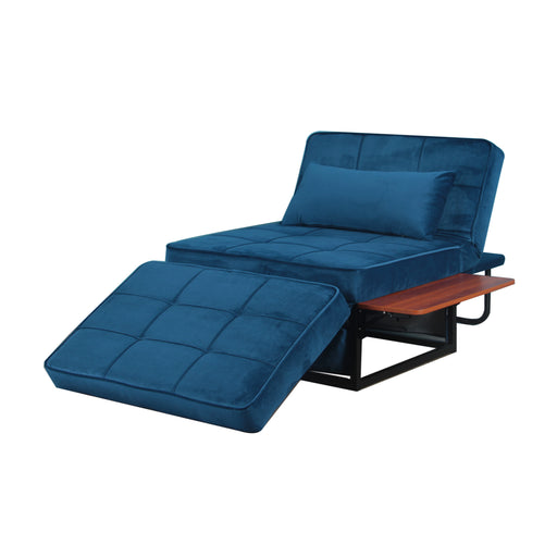 Left angled view of navy flannelette, MDF, and steel configurable chaise lounge with ottoman on white background