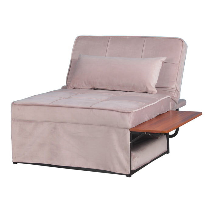 Left angled contemporary light pink tufted folding ottoman, shown unfolded as a seat, on a white background
