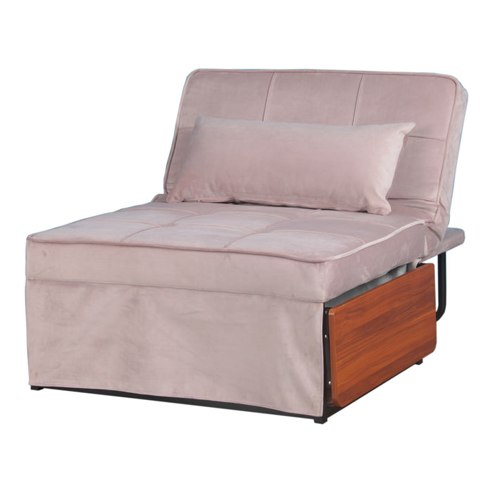 Right angled contemporary light pink tufted folding ottoman, shown folded, on a white background