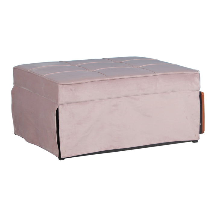 Left angled contemporary light pink tufted folding ottoman, shown unfolded as a seat, on a white background