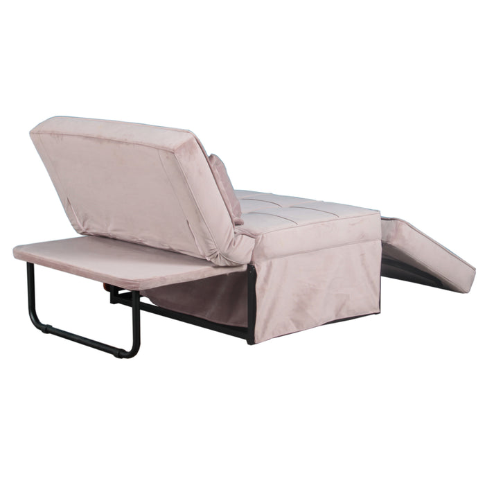 Right angled back view of a contemporary light pink tufted folding ottoman, shown unfolded, on a white background