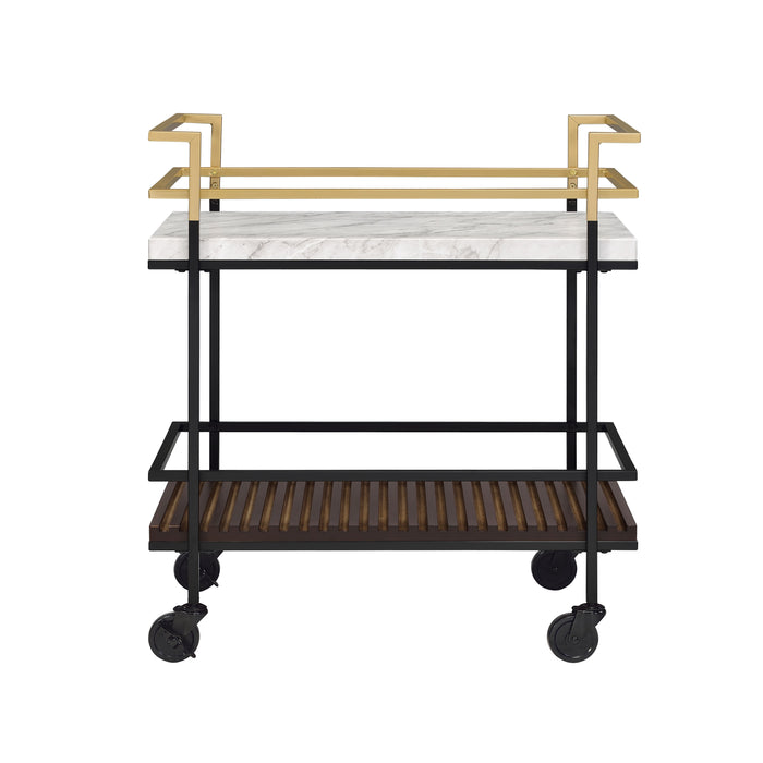 Right-angled two-tier serving cart against a white background. The clean-cut bar handles are gold and transition into a black frame. White faux marble makes up the upper shelf while a walnut-finished slatted lower shelf adds a contrasting and unexpected textured look.