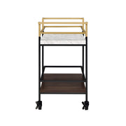 Right-angled two-tier serving cart against a white background. The clean-cut bar handles are gold and transition into a black frame. White faux marble makes up the upper shelf while a walnut-finished slatted lower shelf adds a contrasting and unexpected textured look.