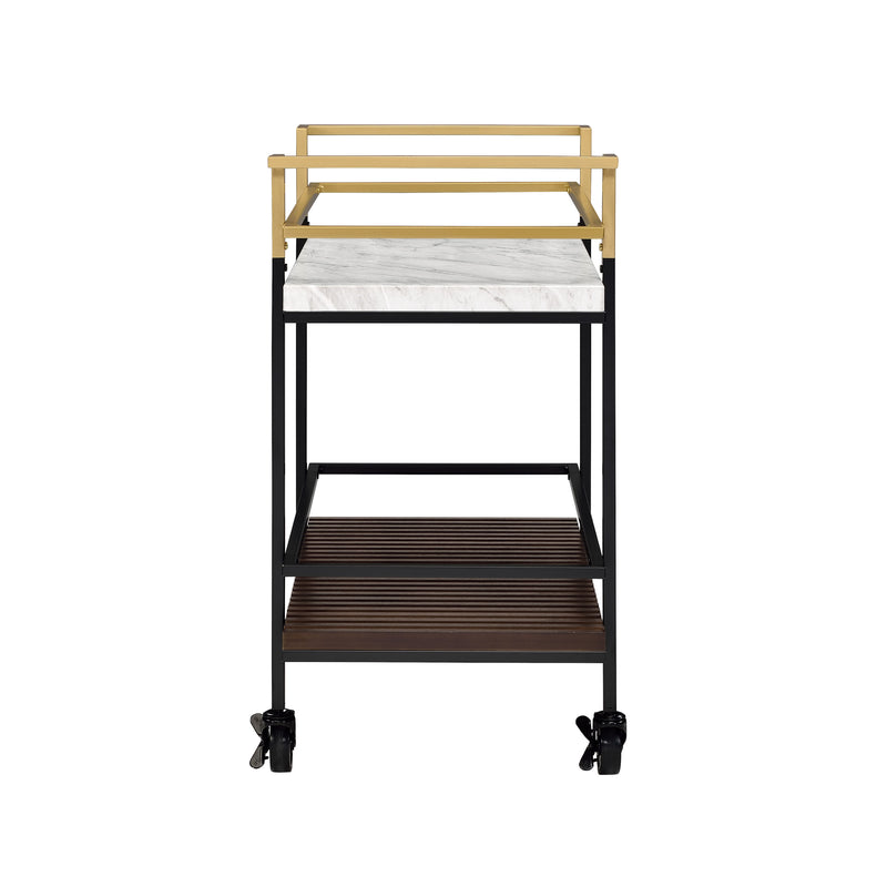 Right-angled two-tier serving cart against a white background. The clean-cut bar handles are gold and transition into a black frame. White faux marble makes up the upper shelf while a walnut-finished slatted lower shelf adds a contrasting and unexpected textured look.
