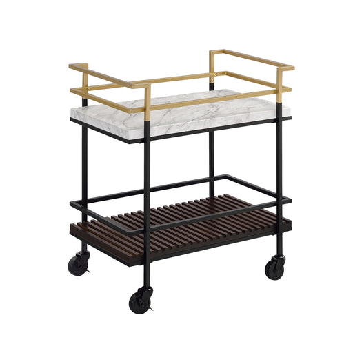 Right-angled two-tier serving cart against a white background. The clean-cut bar handles are gold and transition into a black frame. White faux marble makes up the upper shelf while a walnut-finished slatted lower shelf adds a contrasting and unexpected textured look.