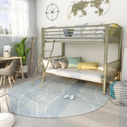 Left-facing contemporary metal twin over twin bunk bed in metallic gold finish in child bedroom. Versatile ladder and safety side rails.