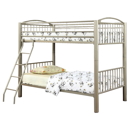 Left-facing contemporary metallic gold metal bunk bed on white background. Twin over twin size with ladder and guard rails.